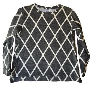 NOM Women Knit Blouse size XL Long Sleeve Crew Neck Stretchy Plaid Black & White